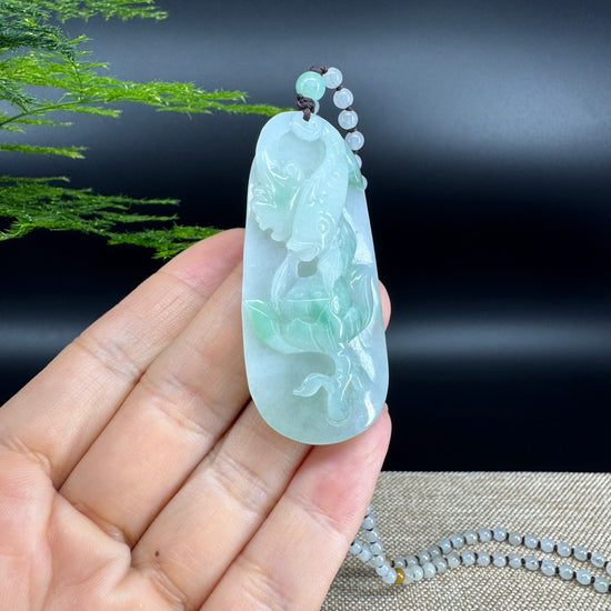 RealJade® Co.  Genuine Burmese Jadeite Jade  Fish and Lotus Pendant Necklace