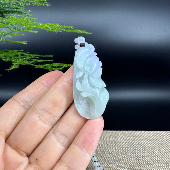 RealJade® Co.  Genuine Burmese Jadeite Jade Lavender Green Flower Pendant Necklace