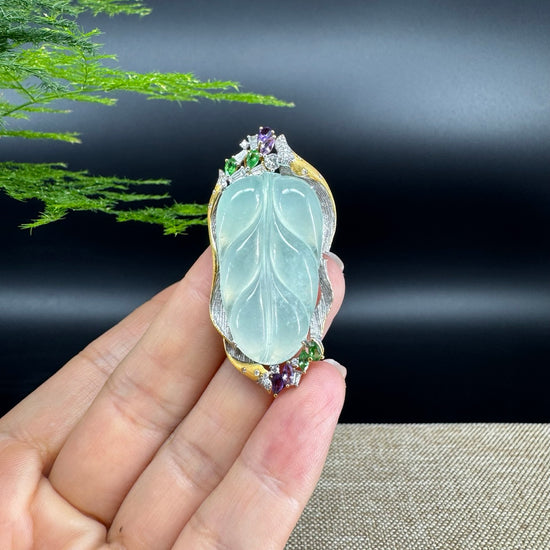 High end genuine Ice Jadeite Jade Jin Zhi Yu Ye (Leaf) Necklace With 18k Yellow Gold Multi-Colors Diamond