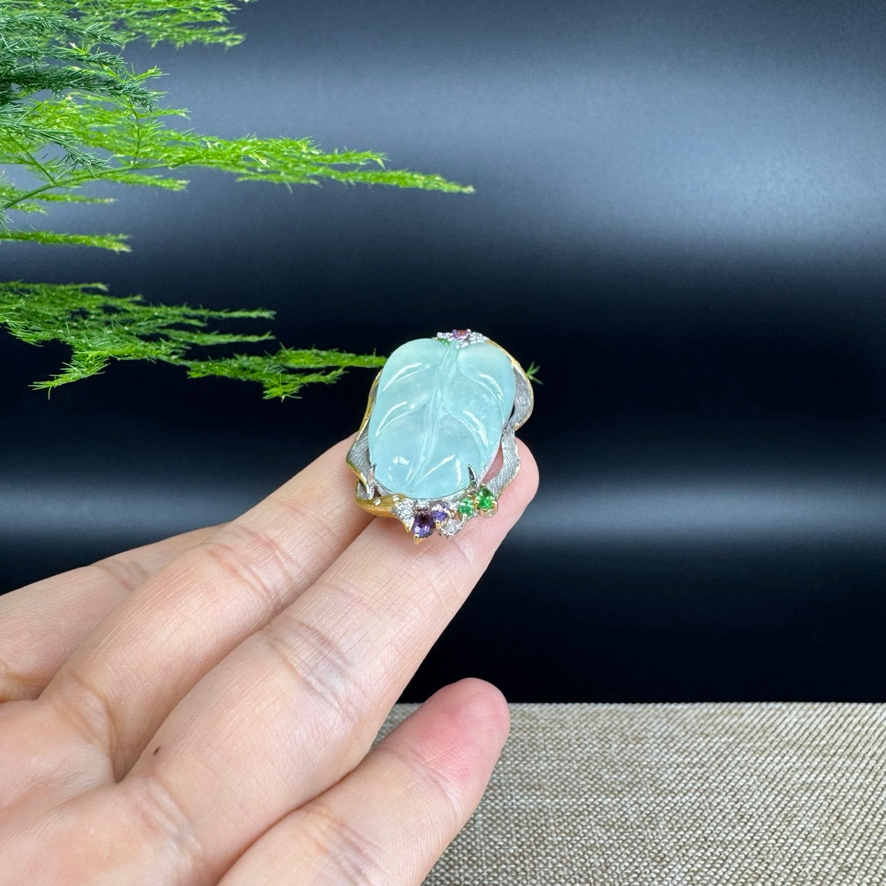 High end genuine Ice Jadeite Jade Jin Zhi Yu Ye (Leaf) Necklace With 18k Yellow Gold Multi-Colors Diamond