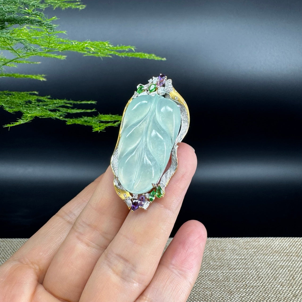 High end genuine Ice Jadeite Jade Jin Zhi Yu Ye (Leaf) Necklace With 18k Yellow Gold Multi-Colors Diamond