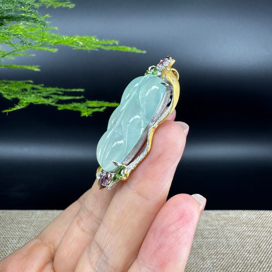 High end genuine Ice Jadeite Jade Jin Zhi Yu Ye (Leaf) Necklace With 18k Yellow Gold Multi-Colors Diamond