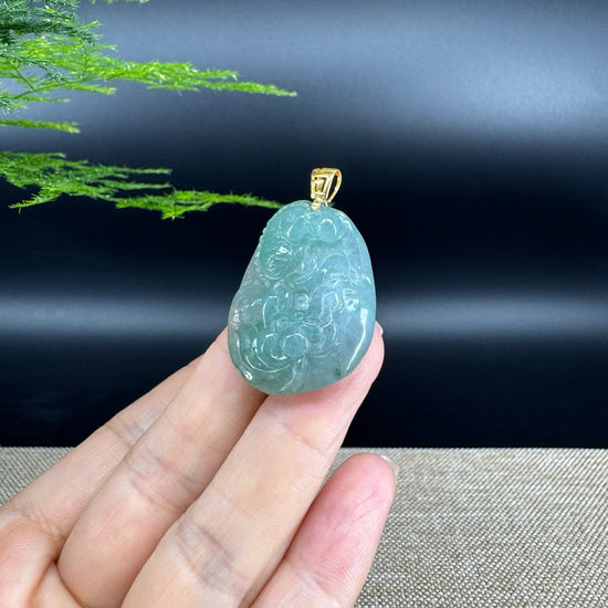Natural 18K Yellow Gold Burmese Green Jadeite Jade Lotus Pendant