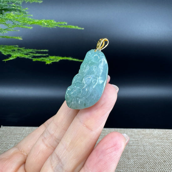 Natural 18K Yellow Gold Burmese Green Jadeite Jade Lotus Pendant