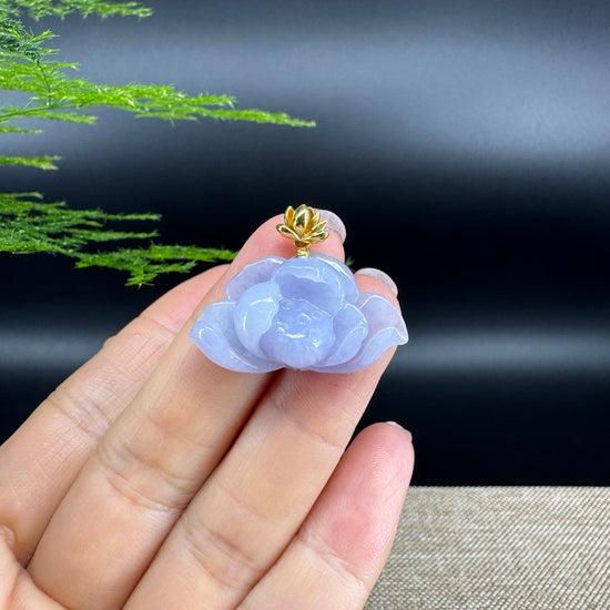 Natural 18K Yellow Gold Burmese Lavender Jadeite Jade Lotus Flower Pendant