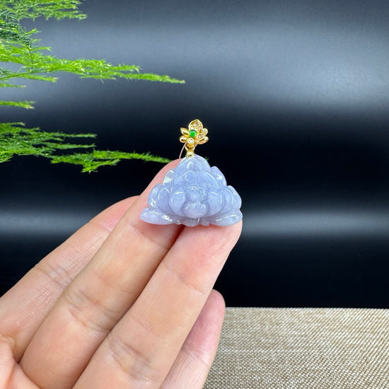 Natural 18K Yellow Gold Burmese Icy Lavender Jadeite Jade Lotus Flower Pendant