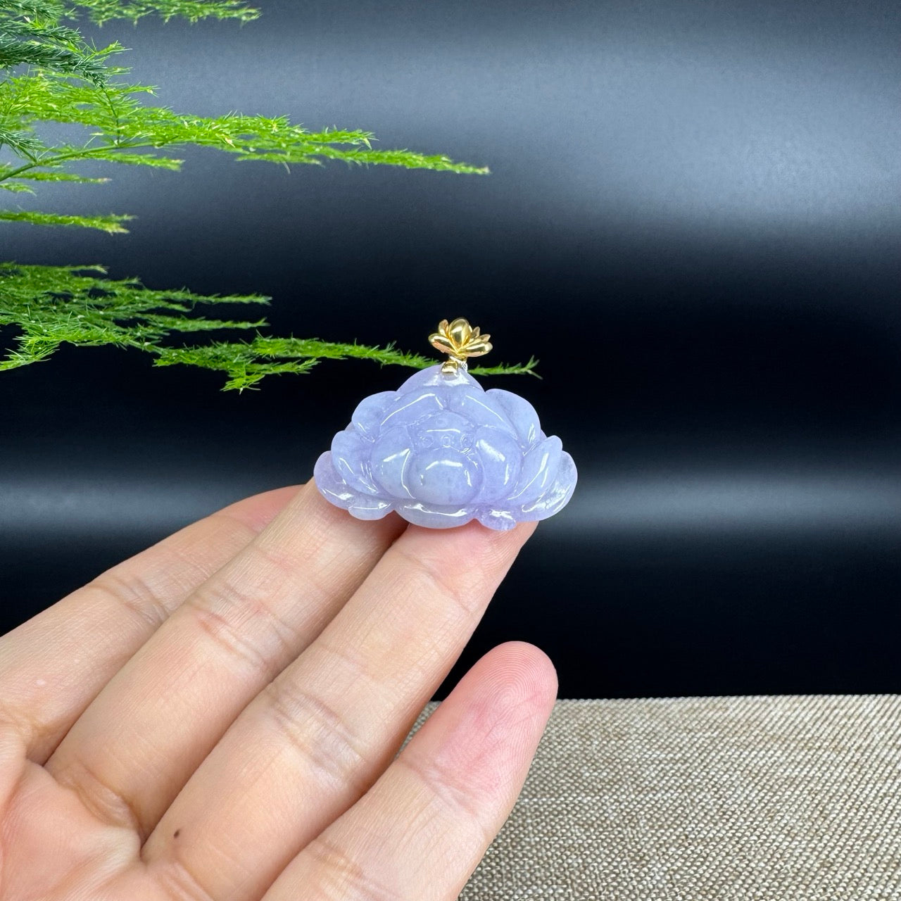 RealJade® Co. Genuine Lavender Jadeite Jade Good Lotus  Necklace With 18K Yellow Gold Bail