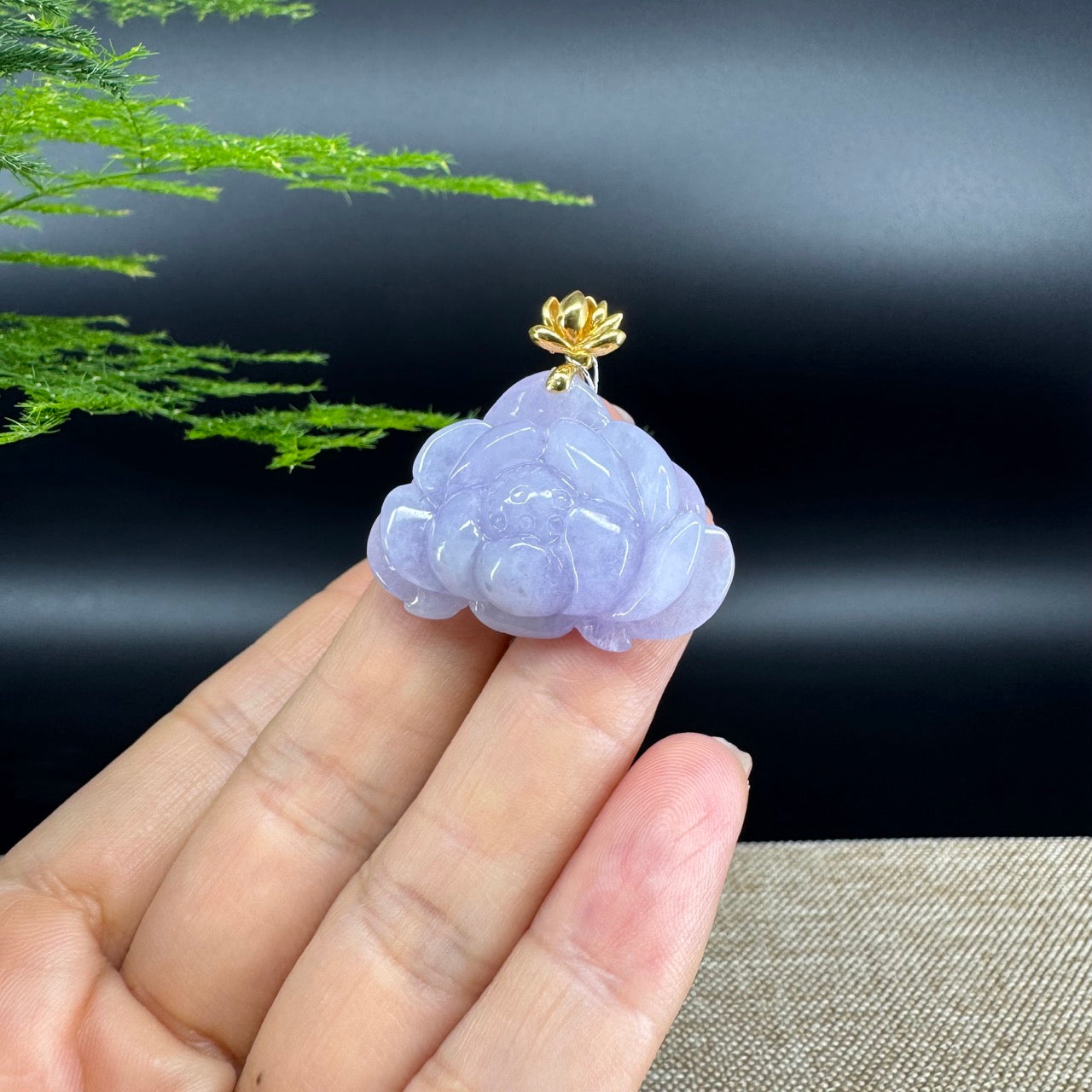 RealJade® Co. Genuine Lavender Jadeite Jade Good Lotus  Necklace With 18K Yellow Gold Bail