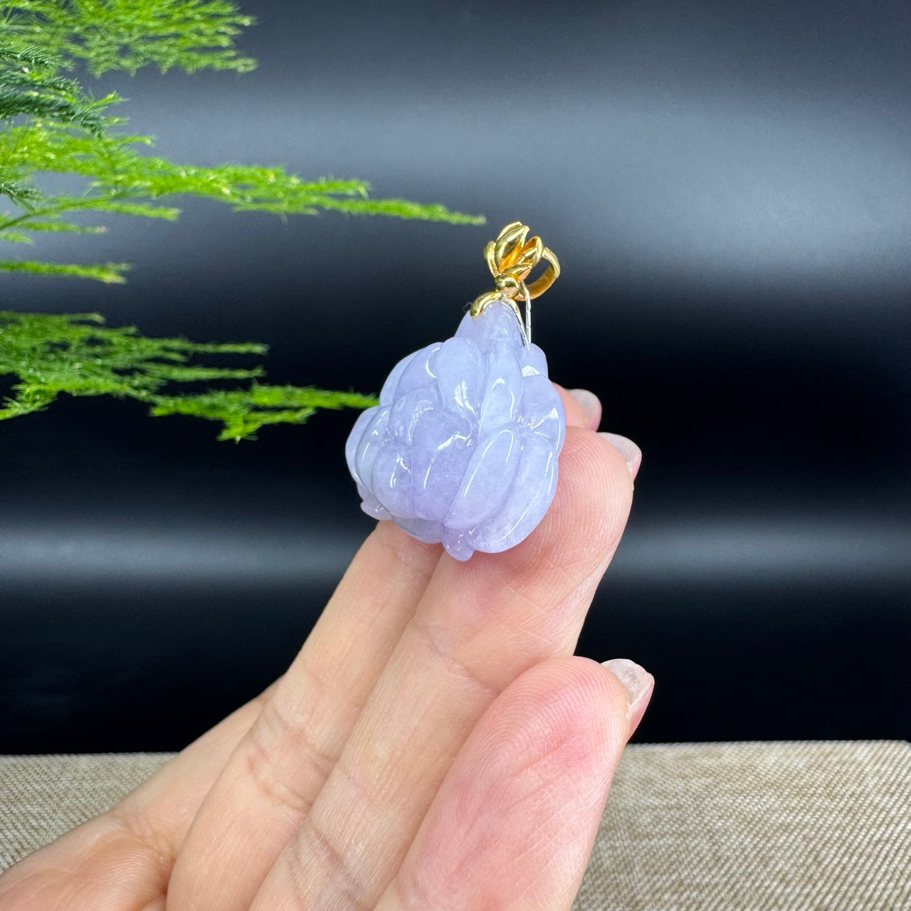 RealJade® Co. Genuine Lavender Jadeite Jade Good Lotus  Necklace With 18K Yellow Gold Bail