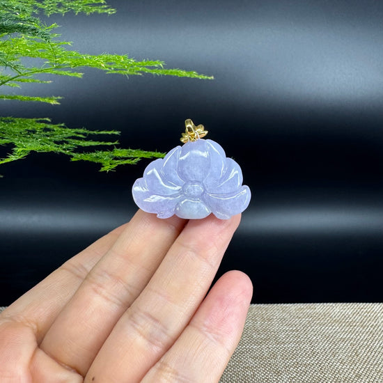RealJade® Co. Genuine Lavender Jadeite Jade Good Lotus  Necklace With 18K Yellow Gold Bail