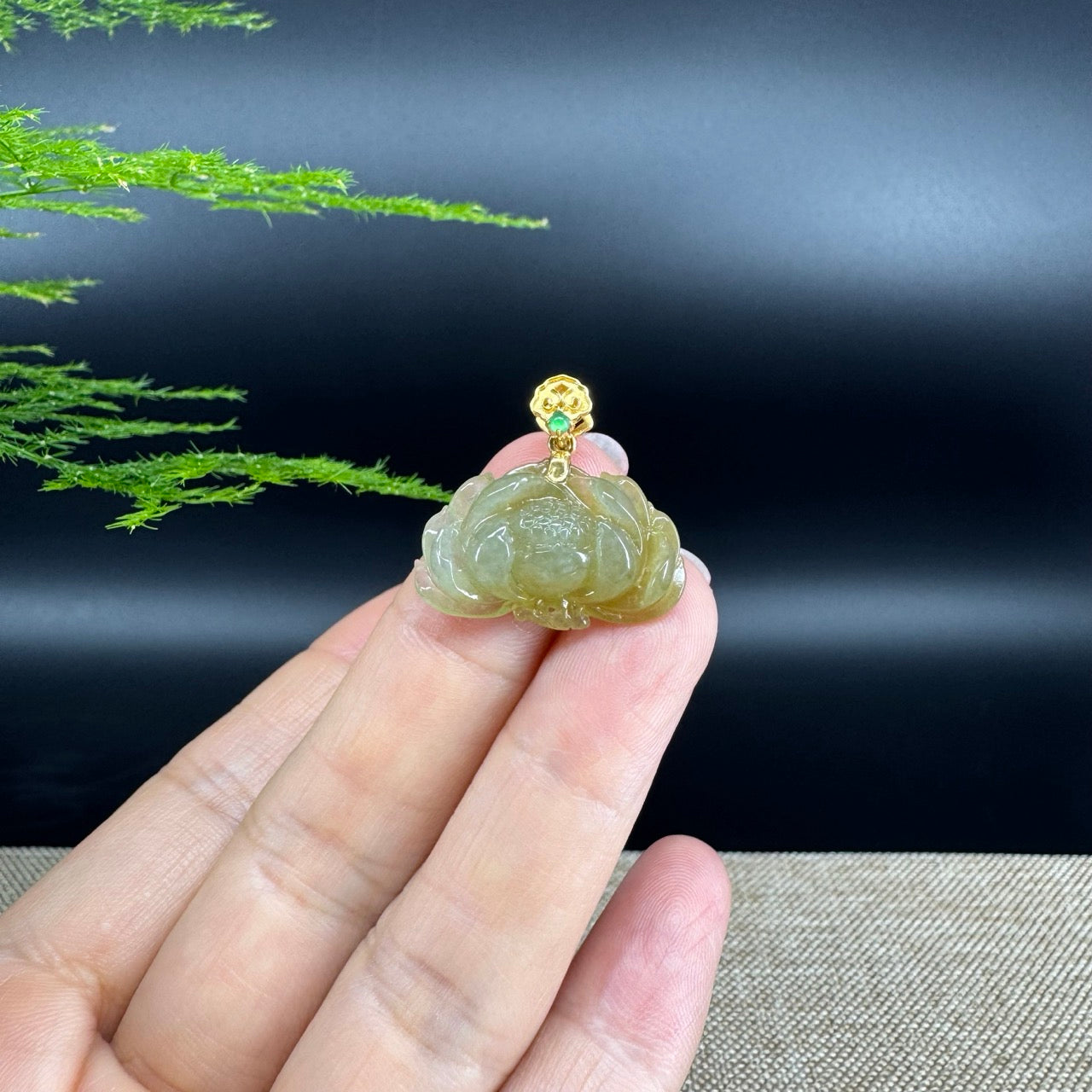 RealJade® Co. Genuine Ice Yellow Green Jadeite Jade Good Lotus Necklace With 18K Yellow Gold Bail