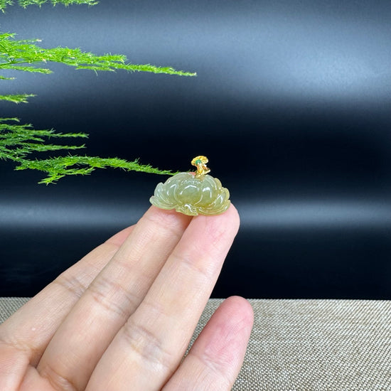 RealJade® Co. Genuine Ice Yellow Green Jadeite Jade Good Lotus Necklace With 18K Yellow Gold Bail