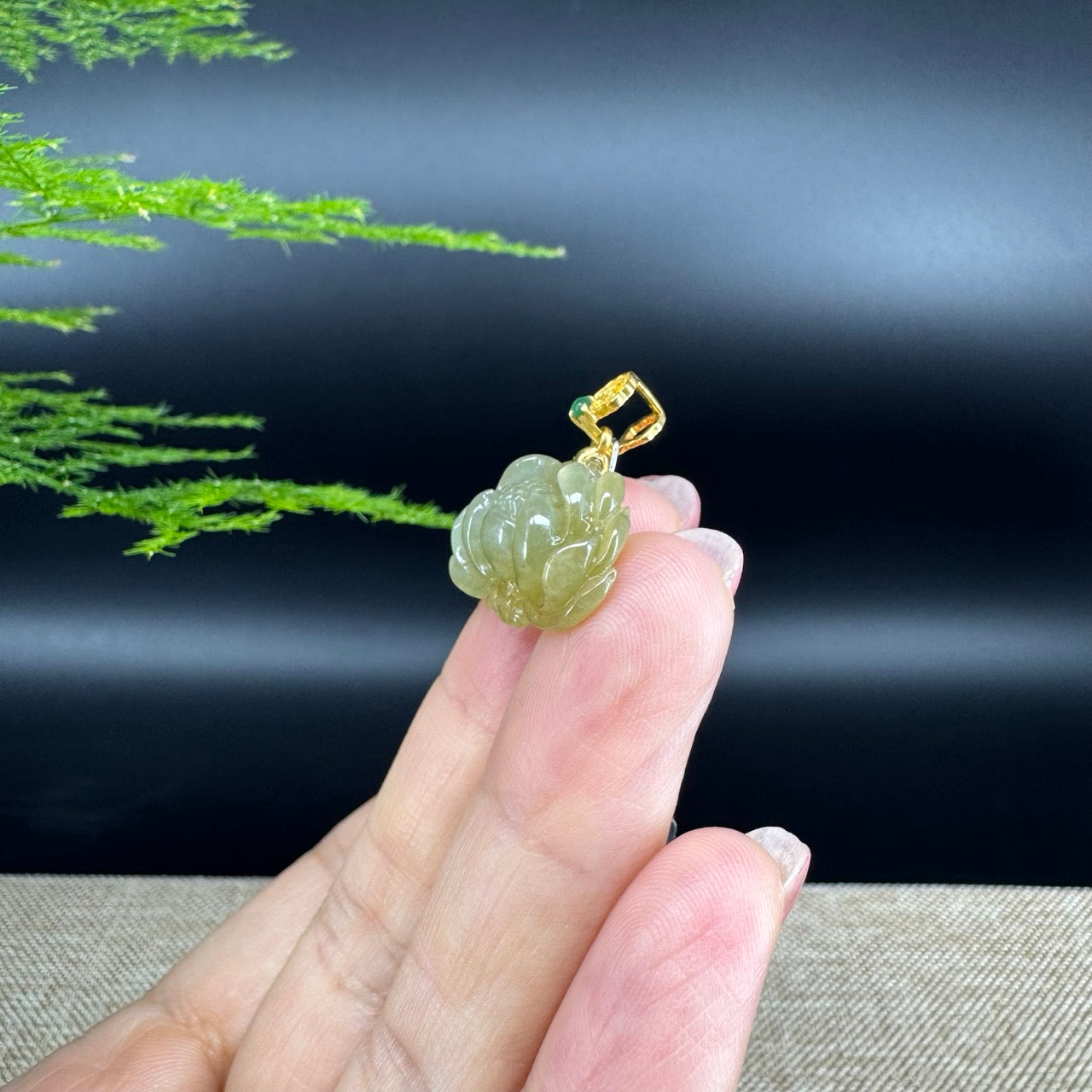 RealJade® Co. Genuine Ice Yellow Green Jadeite Jade Good Lotus Necklace With 18K Yellow Gold Bail