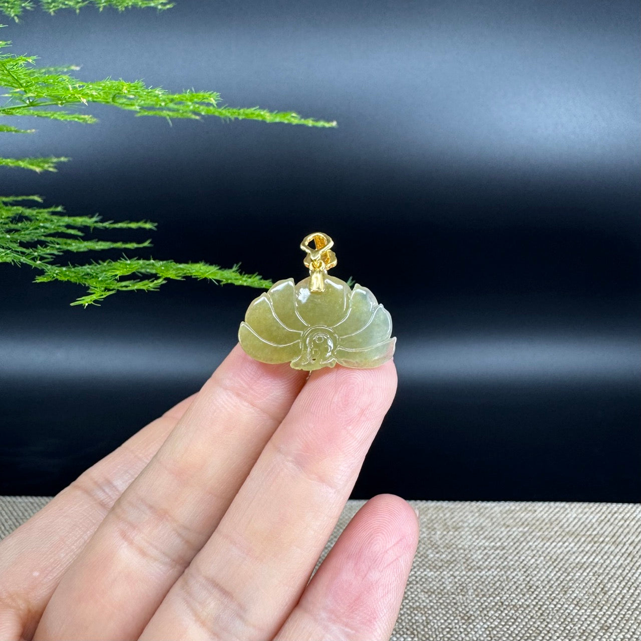 RealJade® Co. Genuine Ice Yellow Green Jadeite Jade Good Lotus Necklace With 18K Yellow Gold Bail