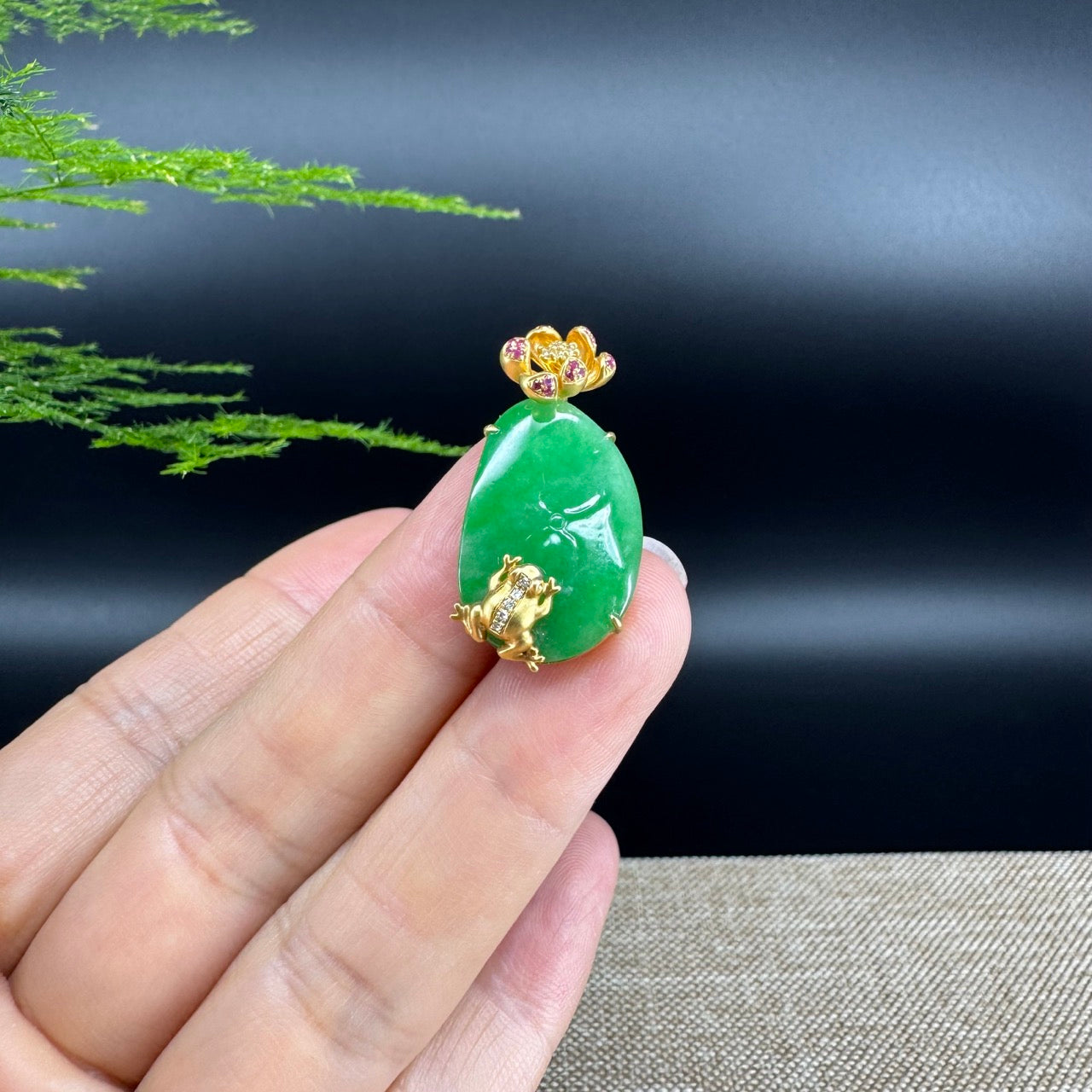 RealJade® Co. Genuine Green Jadeite Jade Good Lotus Leaf Necklace With 18K Yellow Gold Bail