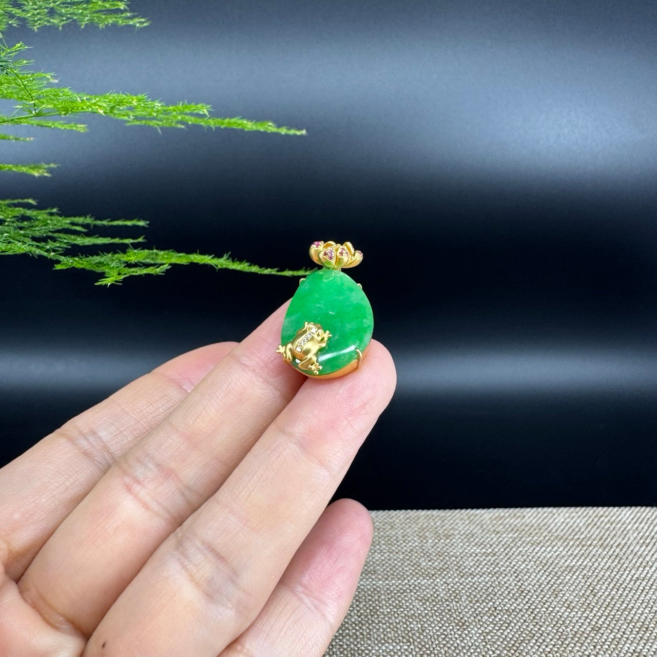 RealJade® Co. Genuine Green Jadeite Jade Good Lotus Leaf Necklace With 18K Yellow Gold Bail