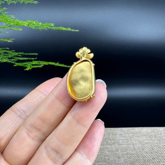 RealJade® Co. Genuine Green Jadeite Jade Good Lotus Leaf Necklace With 18K Yellow Gold Bail