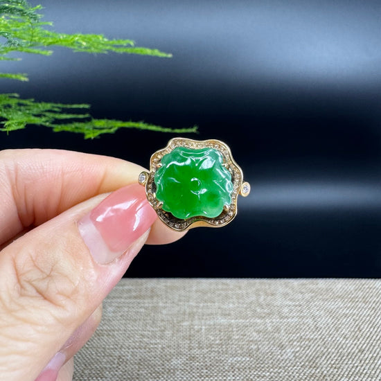 RealJade® "Signature Signet" 18K Yellow Gold Icy Green Jadeite Jade Lotus Leaf Ring