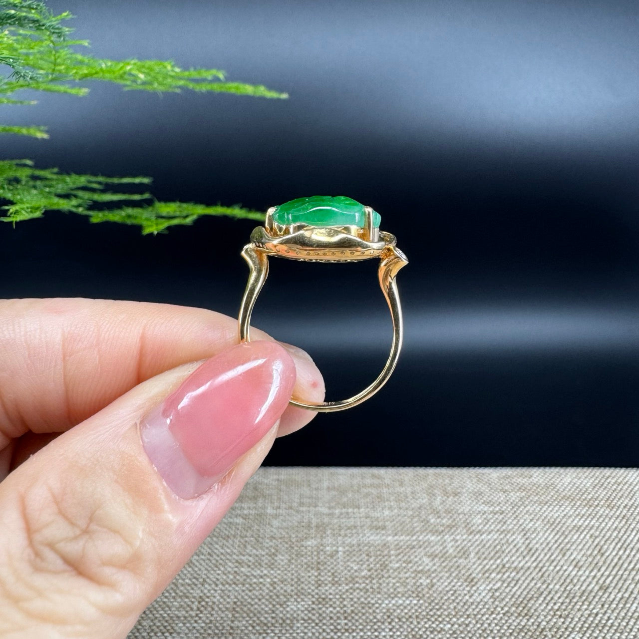 RealJade® "Signature Signet" 18K Yellow Gold Icy Green Jadeite Jade Lotus Leaf Ring