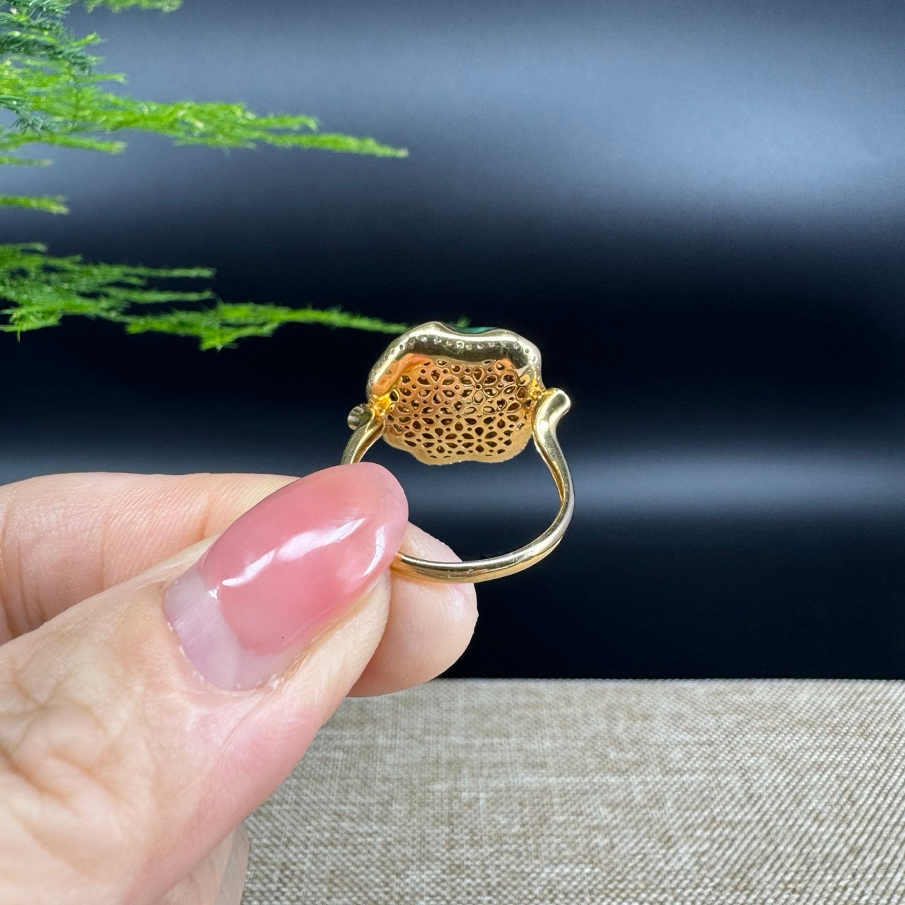 RealJade® "Signature Signet" 18K Yellow Gold Icy Green Jadeite Jade Lotus Leaf Ring