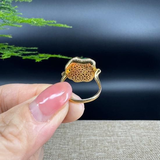 RealJade® "Signature Signet" 18K Yellow Gold Icy Green Jadeite Jade Lotus Leaf Ring