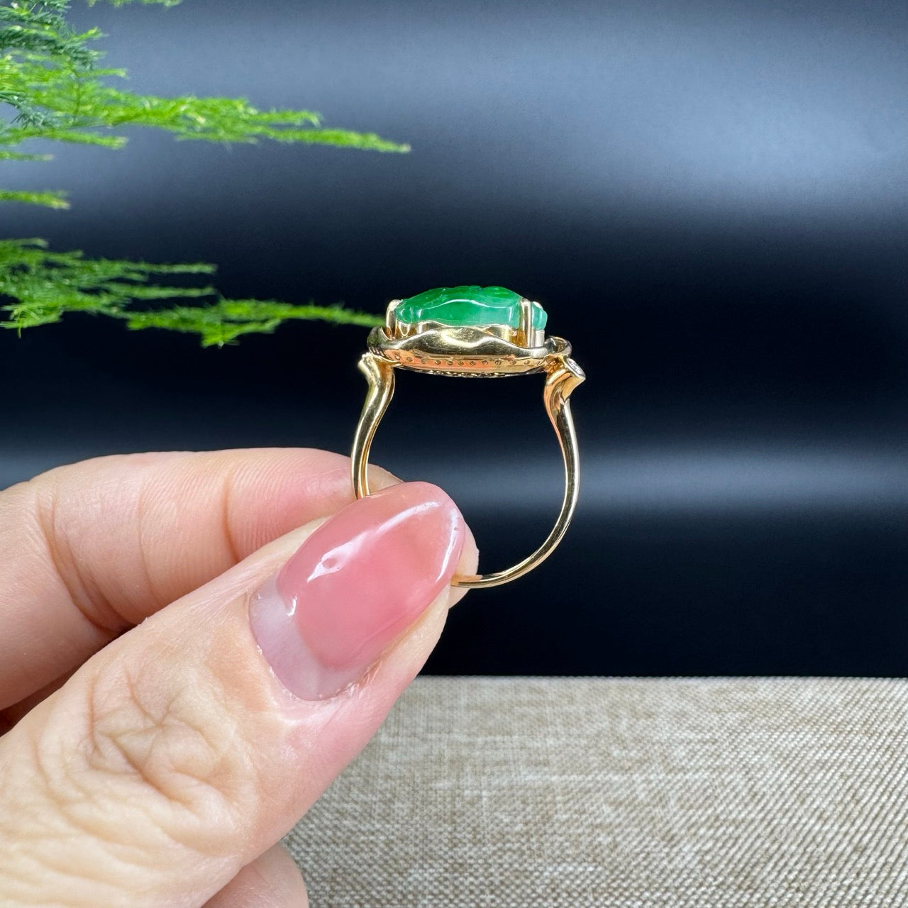 RealJade® "Signature Signet" 18K Yellow Gold Icy Green Jadeite Jade Lotus Leaf Ring