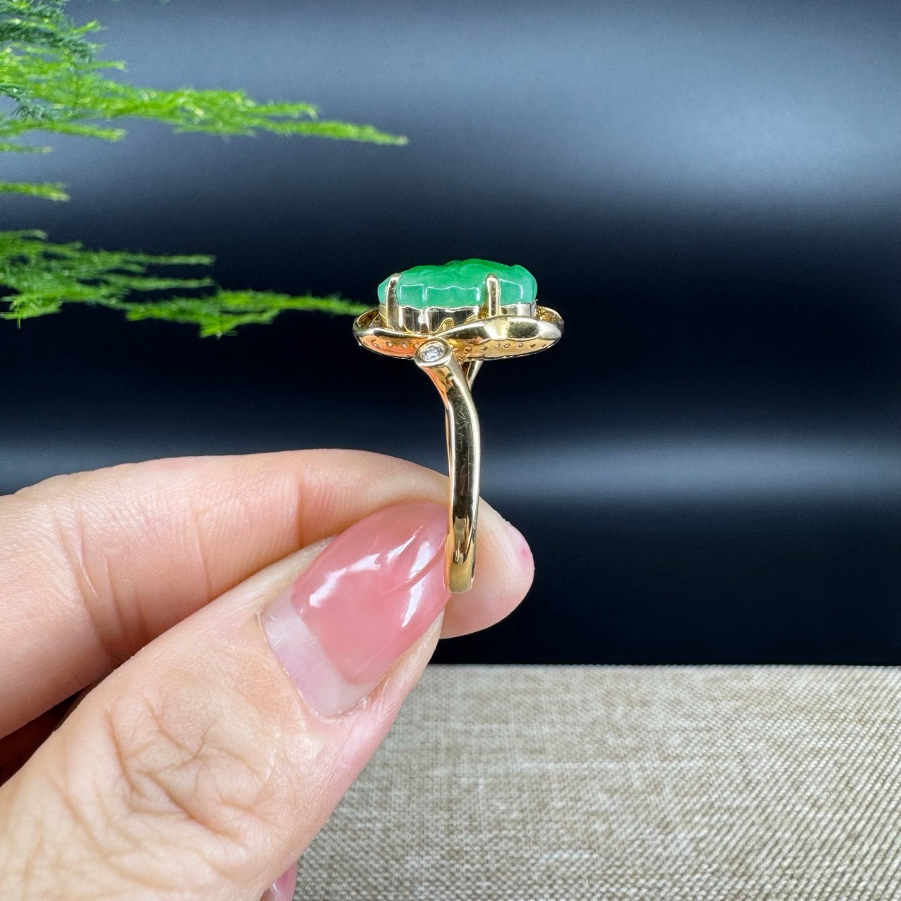 RealJade® "Signature Signet" 18K Yellow Gold Icy Green Jadeite Jade Lotus Leaf Ring