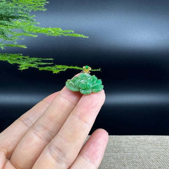 RealJade® Co. Genuine Green Jadeite Jade Good Lotus Necklace With 18K Yellow Gold Bail