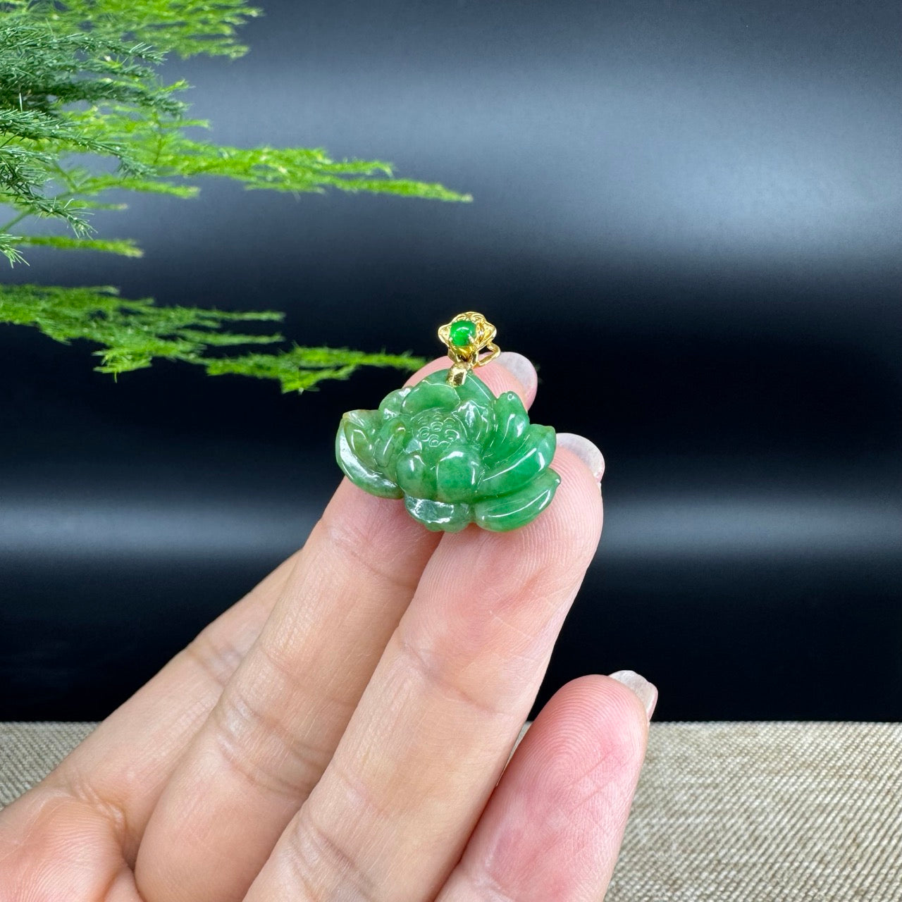 RealJade® Co. Genuine Green Jadeite Jade Good Lotus Necklace With 18K Yellow Gold Bail