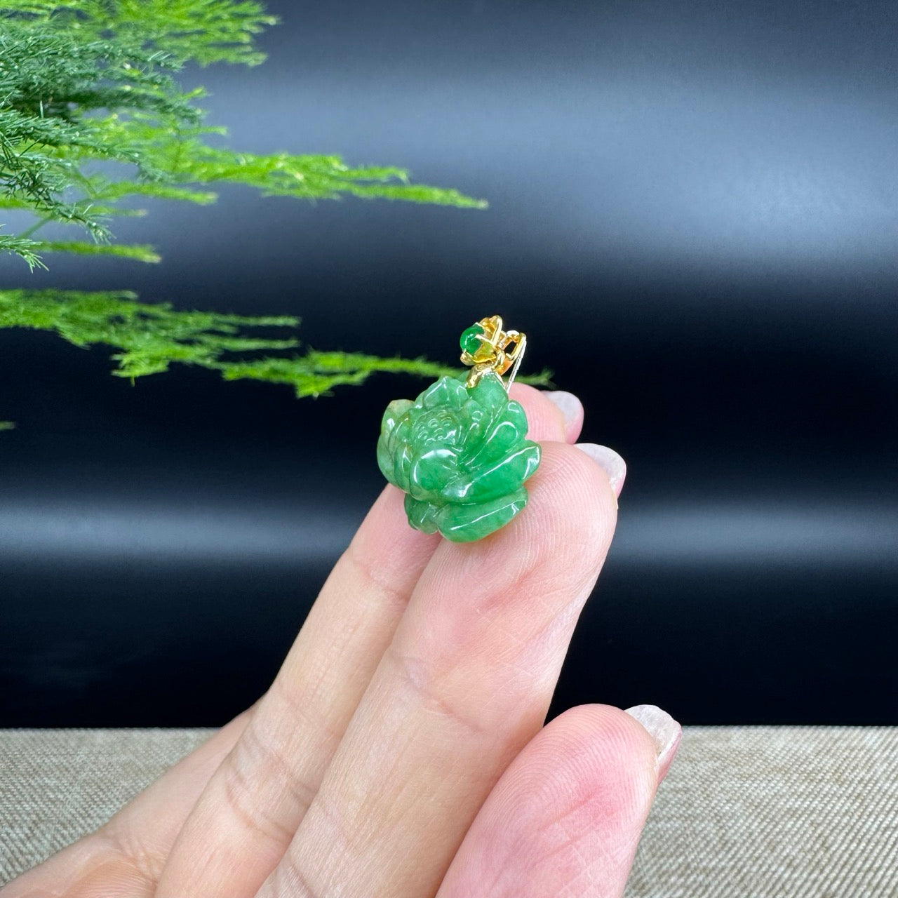 RealJade® Co. Genuine Green Jadeite Jade Good Lotus Necklace With 18K Yellow Gold Bail