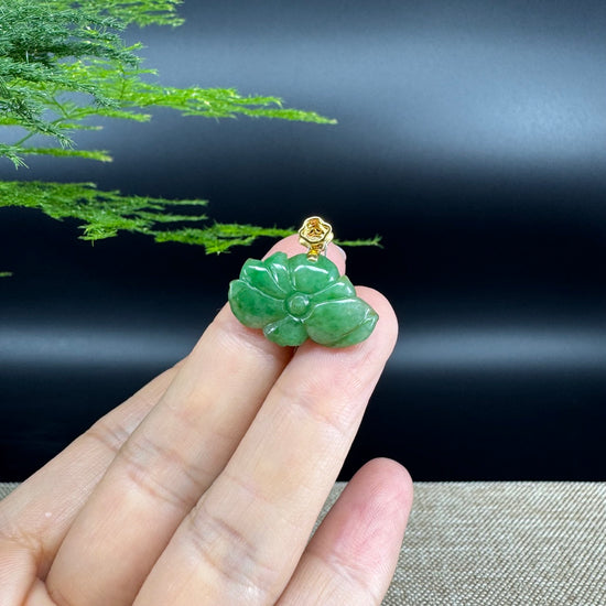 RealJade® Co. Genuine Green Jadeite Jade Good Lotus Necklace With 18K Yellow Gold Bail