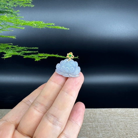 RealJade® Co. Genuine Lavender Jadeite Jade Good Lotus Necklace With 18K Yellow Gold Bail