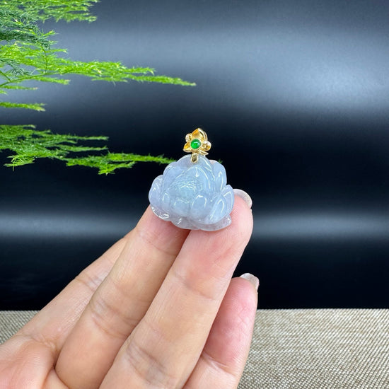 RealJade® Co. Genuine Lavender Jadeite Jade Good Lotus Necklace With 18K Yellow Gold Bail