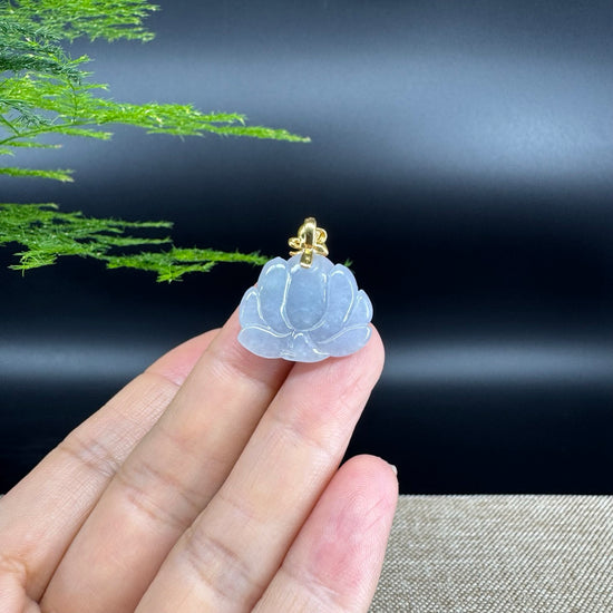 RealJade® Co. Genuine Lavender Jadeite Jade Good Lotus Necklace With 18K Yellow Gold Bail
