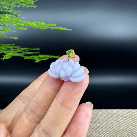 RealJade® Co. Genuine Lavender Jadeite Jade Good Lotus  Necklace With 18K Yellow Gold Bail