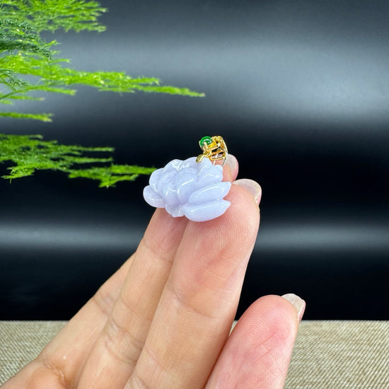RealJade® Co. Genuine Lavender Jadeite Jade Good Lotus  Necklace With 18K Yellow Gold Bail