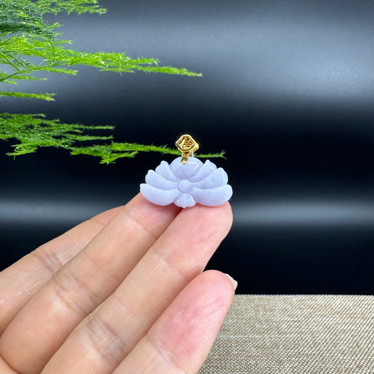 RealJade® Co. Genuine Lavender Jadeite Jade Good Lotus  Necklace With 18K Yellow Gold Bail