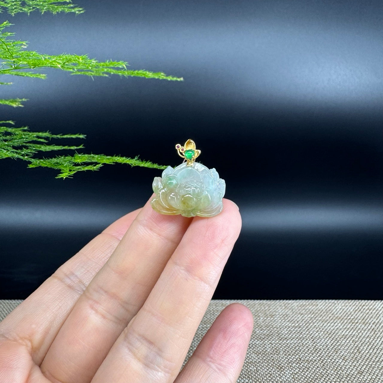 RealJade® Co. Genuine Ice Yellow Green  Jadeite Jade Good Lotus Necklace With 18K Yellow Gold Bail