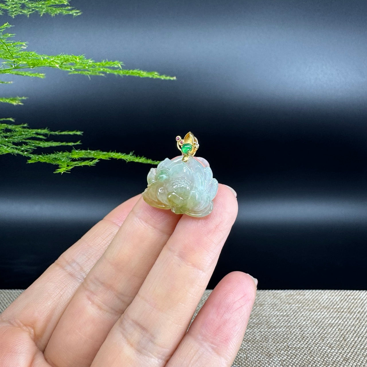 RealJade® Co. Genuine Ice Yellow Green  Jadeite Jade Good Lotus Necklace With 18K Yellow Gold Bail