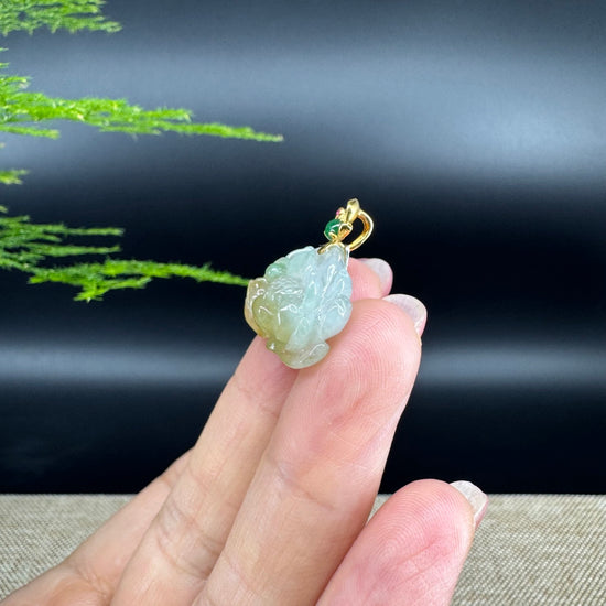 RealJade® Co. Genuine Ice Yellow Green  Jadeite Jade Good Lotus Necklace With 18K Yellow Gold Bail