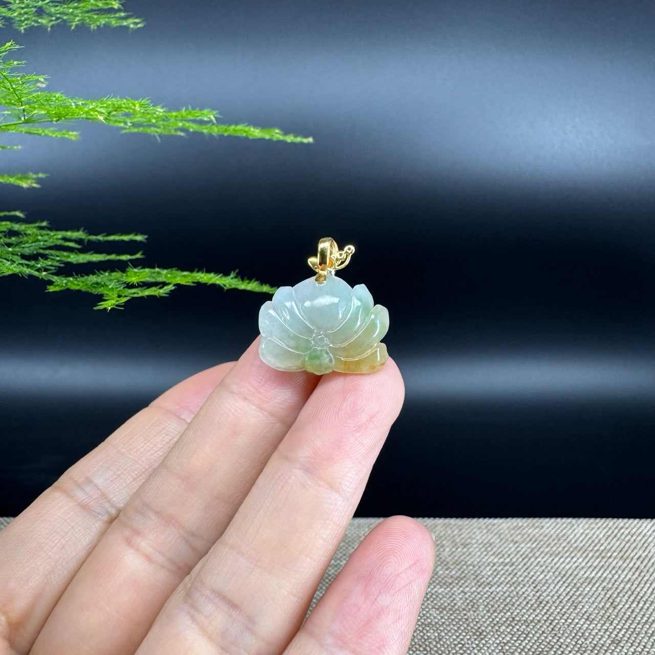 RealJade® Co. Genuine Ice Yellow Green  Jadeite Jade Good Lotus Necklace With 18K Yellow Gold Bail