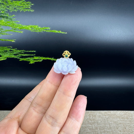 RealJade® Co. Genuine Lavender Jadeite Jade Good Lotus  Necklace With 18K Yellow Gold Bail