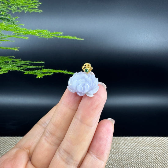 RealJade® Co. Genuine Lavender Jadeite Jade Good Lotus  Necklace With 18K Yellow Gold Bail