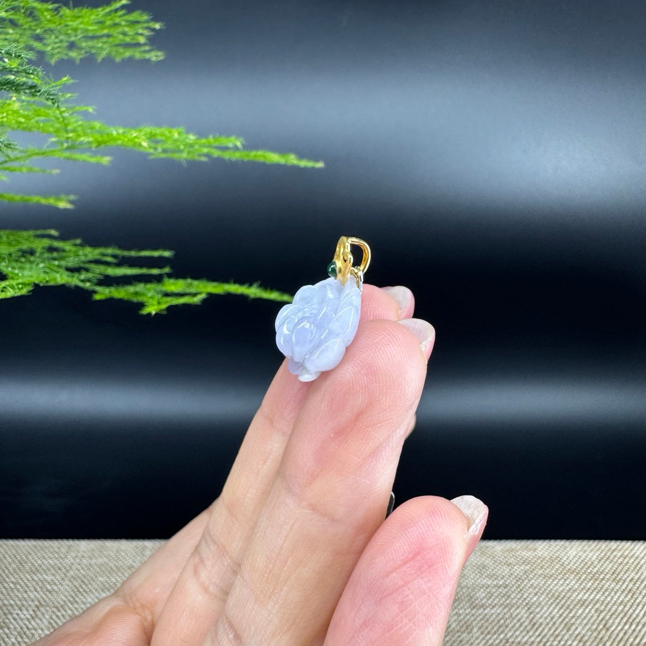 RealJade® Co. Genuine Lavender Jadeite Jade Good Lotus  Necklace With 18K Yellow Gold Bail