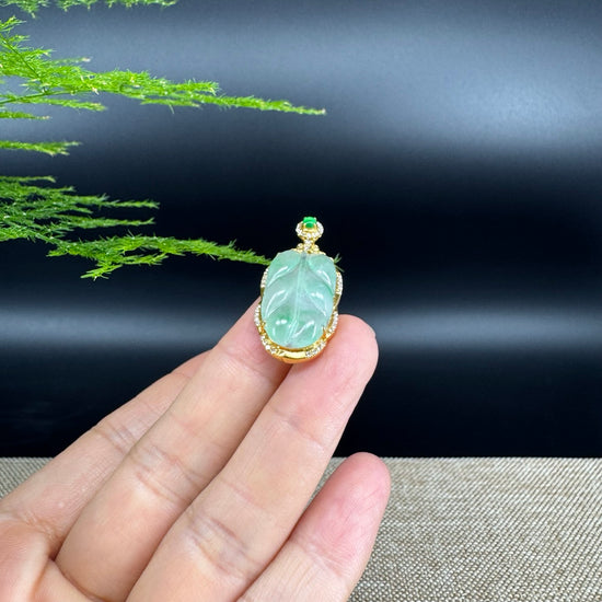 High-end Genuine Ice Green Jadeite Jade Jin Zhi Yu Ye (Leaf) Necklace With 18k Yellow Gold & Diamond