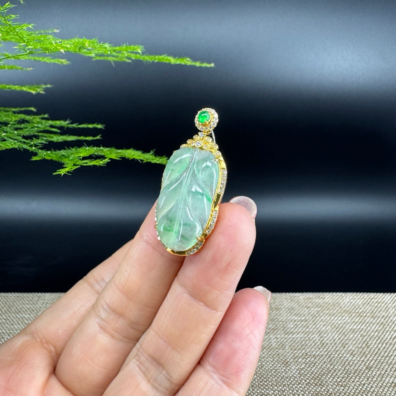 High-end Genuine Ice Green Jadeite Jade Jin Zhi Yu Ye (Leaf) Necklace With 18k Yellow Gold & Diamond