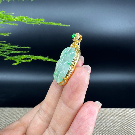 High-end Genuine Ice Green Jadeite Jade Jin Zhi Yu Ye (Leaf) Necklace With 18k Yellow Gold & Diamond