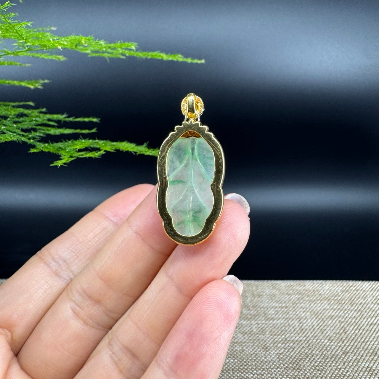 High-end Genuine Ice Green Jadeite Jade Jin Zhi Yu Ye (Leaf) Necklace With 18k Yellow Gold & Diamond