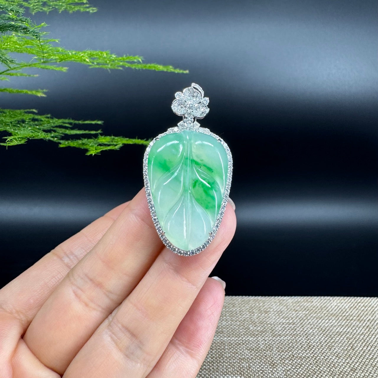 High end genuine Ice Green Jadeite Jade Jin Zhi Yu Ye (Leaf) Necklace With Diamond Bail