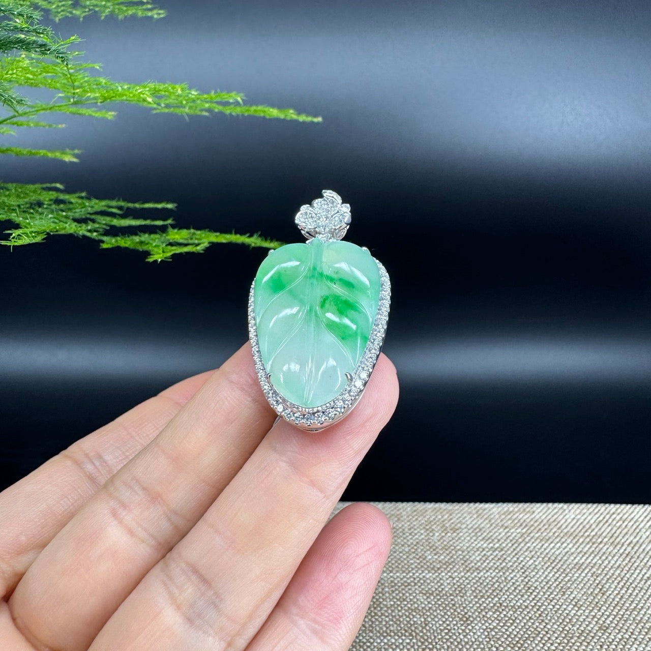 High end genuine Ice Green Jadeite Jade Jin Zhi Yu Ye (Leaf) Necklace With Diamond Bail